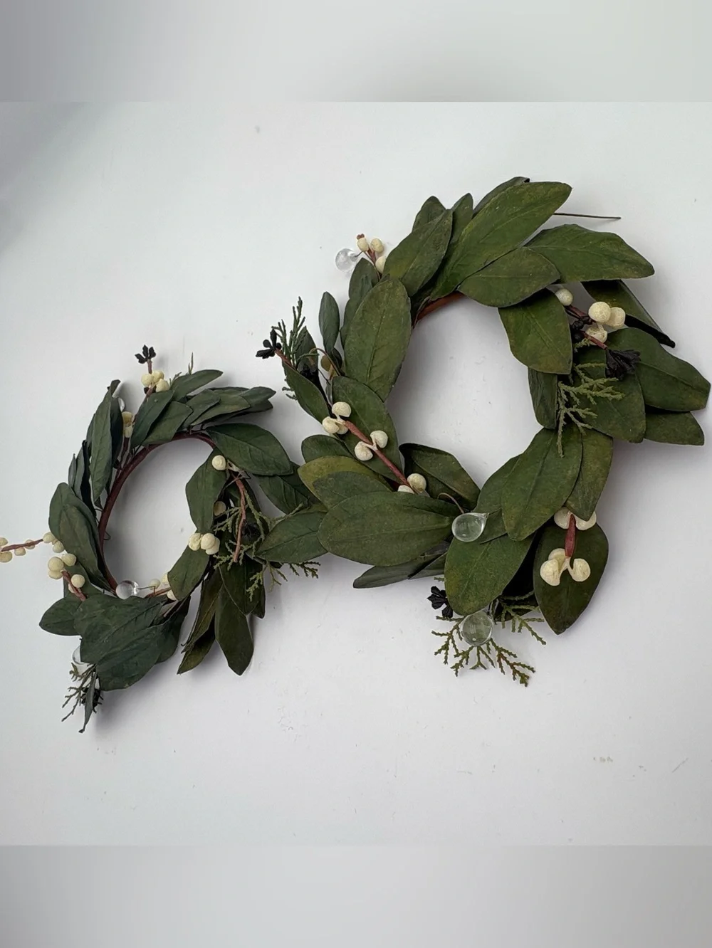 Green Leaf and White Berry Decorative Candle Wreath Duo